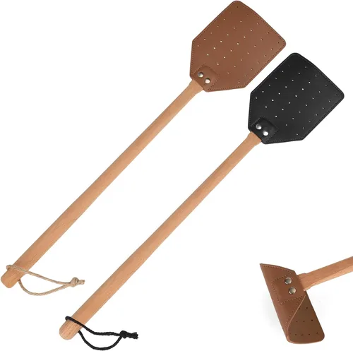 Miniatura 8 de KINBOM Matamoscas de cuero, manual resistente con mango de madera largo, matamoscas duradero, matamoscas de avispas para interiores y exteriores