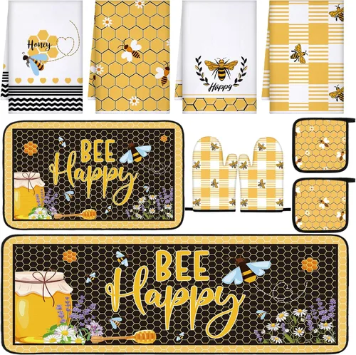 Miniatura 28 de Fourluoo Juego de 10 piezas de decoración y accesorios de cocina de girasol, diseño de búfalo blanco y negro, juego de manoplas de horno y soportes