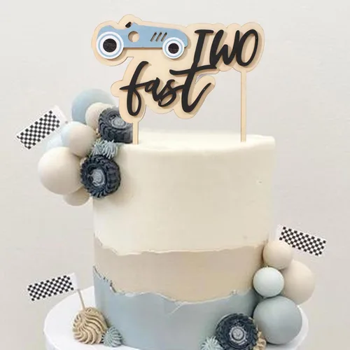 Miniatura 5 de Decoración para tarta de cumpleaños de dos días rápidos, decoración de madera para tartas de coche de carreras, decoración de segundo cumpleaños