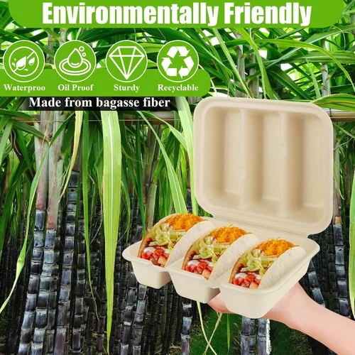 Miniatura 4 de 50 soportes desechables para tacos con tapas, platos para tacos con 3 divisores, bandejas de tacos desechables para llevar, soportes para tacos