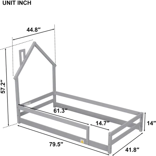 Miniatura 2 de Cama Montessori de madera tamaño individual con cabecera y cercas en forma de casa, cama de plataforma completa para niños, niñas, niños, altura Gris