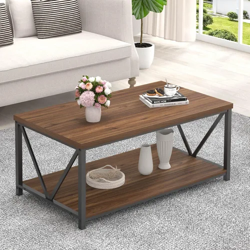 Miniatura 11 de FOLUBAN Mesa de centro con almacenamiento, mesas centrales pequeñas modernas para espacios pequeños, mesa de cóctel de madera rústica y metal