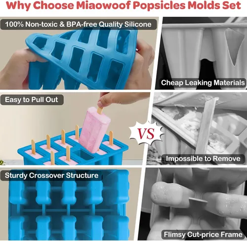 Miniatura 4 de Miaowoof Moldes caseros para paletas de hielo, 10 cavas de silicona sin BPA, con 50 varillas, 50 bolsas, 10 palitos reutilizables, embudo, cepillo