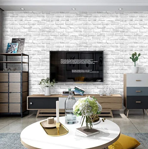 Miniatura 4 de Papel tapiz de ladrillo blanco y gris de 17.7 x 118 pulgadas, rollo autoadhesivo extraíble para decoración de sala de estar, dormitorio, pared