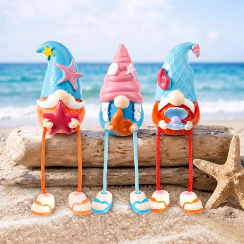 3 piezas de decoración de gnomo de playa con patas colgantes, bandeja escalonada costera de verano de resina oceánica para mesa, mantel y baño,