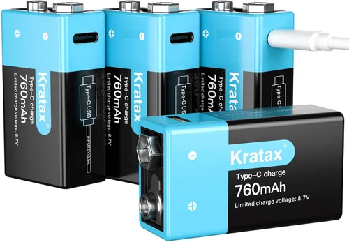 Kratax Baterías de litio recargables USB de 9 V, paquete de 4 baterías recargables de iones de litio de 6840 mWh, 9 voltios con cable de carga