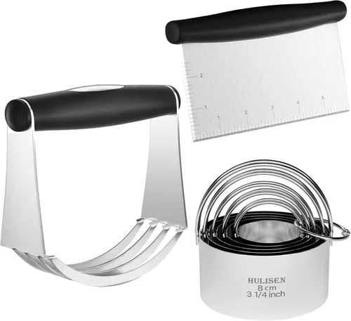 HULISEN Juego de cortador de galletas de acero inoxidable, raspador de pastelería y licuadora de masa, resistente y duradero con agarre de goma