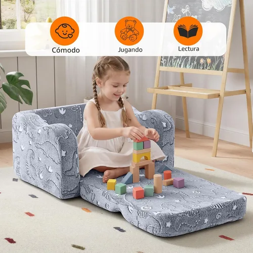 Miniatura 3 de MeMoreCool Sofá de dinosaurio para niños, silla plegable para niños pequeños, sofá abatible que brilla en la oscuridad, asiento convertible