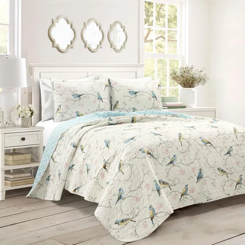 Lush Decor Juego de edredón reversible de 3 piezas con diseño botánico de pájaros y flores, juego de ropa de cama con estampado floral, color azul,