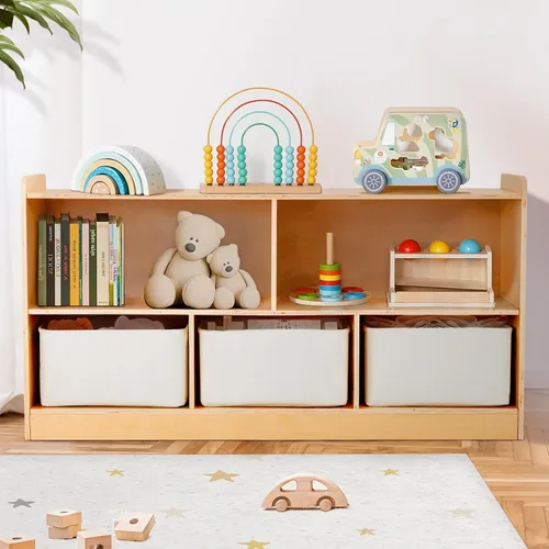 Estante Montessori con cajas de almacenamiento, organizador de almacenamiento de juguetes de madera para libros, juguetes, estantería de 2 estantes,