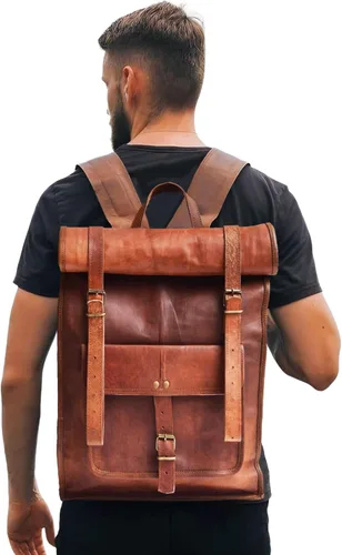 Miniatura 4 de jaald Mochila de cuero marrón de 23 pulgadas, mochila vintage para portátil, bolsa de viaje grande con parte superior enrollable, cómoda y ligera