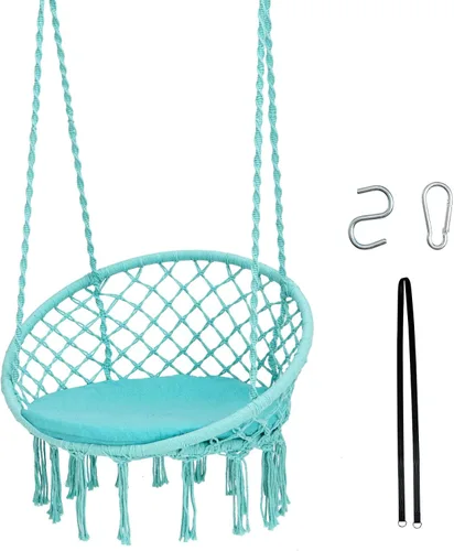 Miniatura 10 de Tangkula Silla hamaca con cojín, estilo bohemio de macramé con kit de accesorios para colgar y correa, columpio de cuerda colgante para interiores