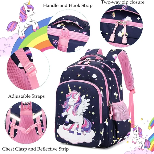Miniatura 26 de Juego de mochila para niñas con diseño de unicornio, mochila escolar para niños, mochila para libros para niñas, set 3 en 1, regreso a clases