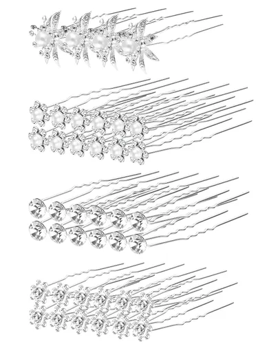 Unittype Paquete de 40 horquillas para el pelo con diamantes de imitación de boda, perlas plateadas, horquillas de flores en forma de U, accesorios