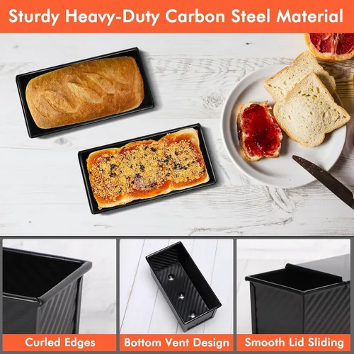Miniatura 4 de Beasea Pullman - Molde para pan con tapa, paquete de 2 moldes pequeños antiadherentes para pan de 0.5 lb, acero al carbono, mini caja para pan Negro