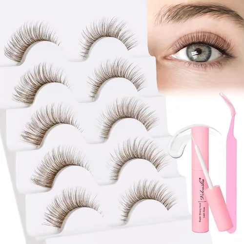 Veleasha Kit de pestañas marrones con pegamento y pinzas, pestañas de ojo de gato, aspecto natural, pestañas postizas 3D con banda transparente,