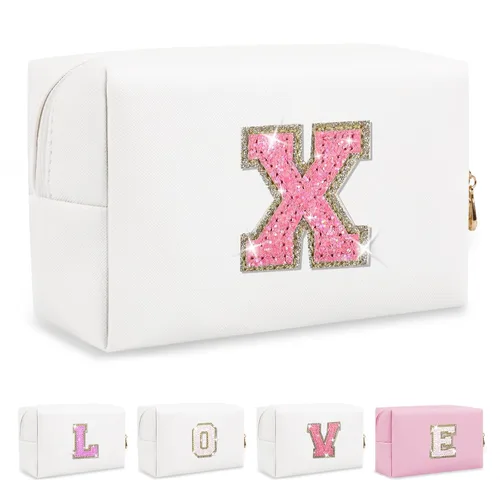 Miniatura 348 de Pequeña bolsa de maquillaje personalizada con inicial A-Z Preppy Patch, bolsa de cosméticos de viaje de felpilla blanca con cremallera, bonita bolsa