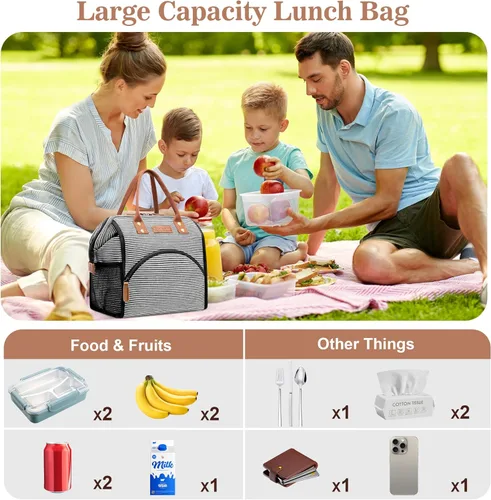 Miniatura 4 de LOKASS Bolsa de Almuerzo Aislada Caja de Almuerzo Bolsa Tote de Almuerzo de Apertura Amplia Soporte Grande para Bebidas Organizador Térmico de Lona