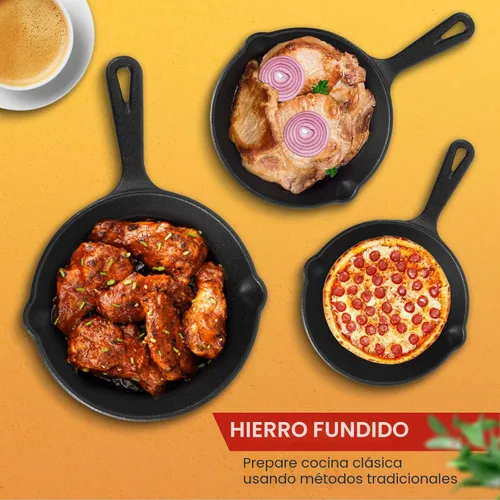 Miniatura 5 de Juego de sartenes de hierro fundido pre-sazonado, sartén de 3 piezas con asas resistentes al calor (6, 8, 10 pulgadas) para freír, saltear, pizza