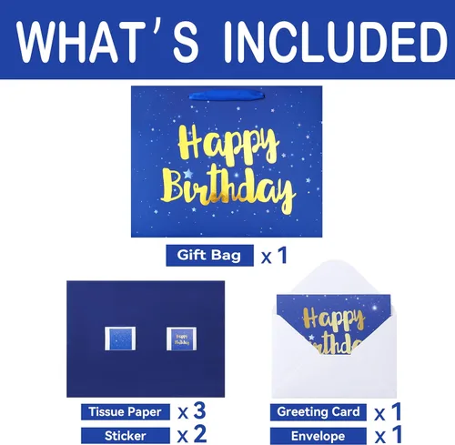 Miniatura 3 de Qirrmiy Juego de bolsa de regalo azul grande de 13 pulgadas con tarjeta de felicitación y papel de seda (estrellas y lámina dorada, feliz (L)Azul