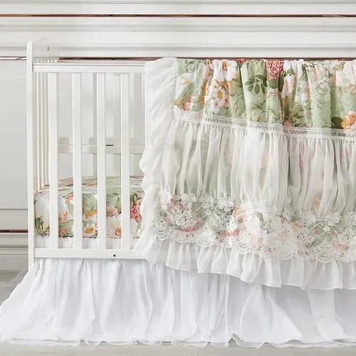 Miniatura 5 de Brandream Juego de ropa de cama de cuna para niñas, juego de guardería floral de jardín de 3 piezas edredón de bebé con volantes, sábana de cuna