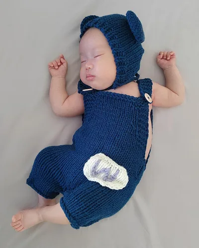 Miniatura 4 de Traje de oso de fotografía para recién nacido, traje de ganchillo para sesión de fotos de bebé, mameluco de punto para niño y niña