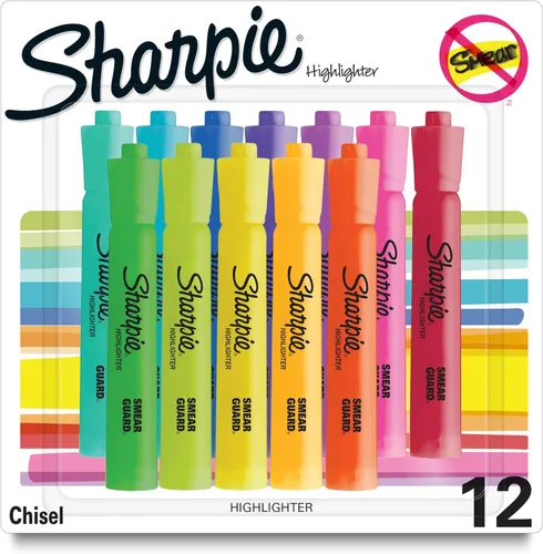 Sharpie Resaltadores de tanque, punta de cincel, colores fluorescentes surtidos, 12 unidades – Regreso a la escuela, oficina, suministros para