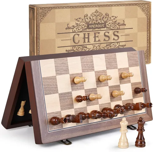 Miniatura 9 de AMEROUS - Juego de ajedrez magnético de madera de 15 pulgadas para adultos y niños - con tablero plegable, paquete de regalo, ranuras