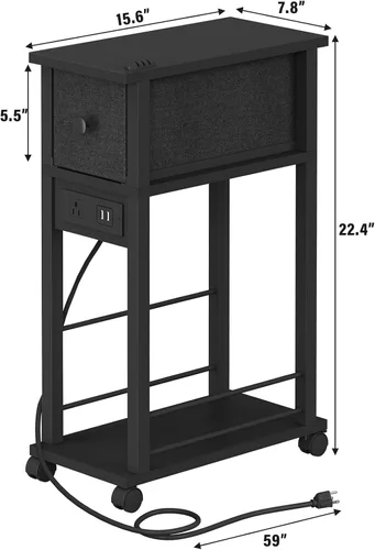 Miniatura 2 de DGSANDGO Mesa auxiliar estrecha (1 unidad) – Mesa auxiliar negra con protección contra sobrecarga, cajón de estación de carga y 4 ruedas, mesita