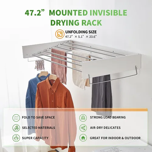 Miniatura 2 de Heshecein - Estante de secado de pared plegable para lavandería, 7 varillas de acero inoxidable, estante de secado plegable para interiores