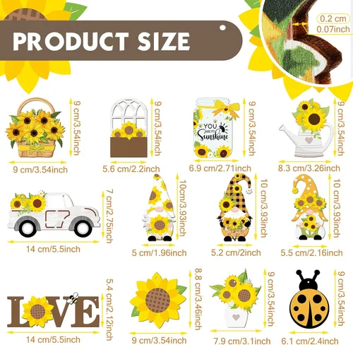 Miniatura 3 de Paquete de 48 adornos de gnomo de girasol para árbol de verano, colgante de madera con flores amarillas, decoraciones de fiesta de verano, recuerdos