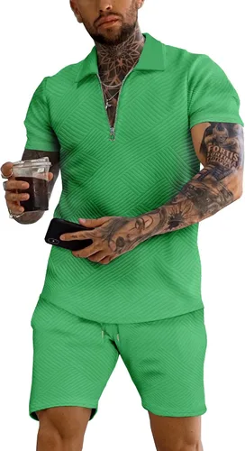 URRU Conjunto de camisa polo y pantalones cortos para hombre trajes de verano a la moda casual manga corta traje polo para hombre 2 piezas
