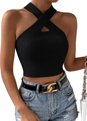 Miniatura 3 de SweatyRocks Camiseta sin mangas casual con cuello halter cruzado para mujer, de punto acanalado