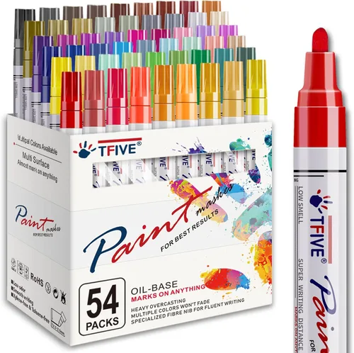 TFIVE Marcadores de pintura – 54 colores de punta media, permanentes, impermeables y de secado rápido, bolígrafo de pintura para metal, madera,