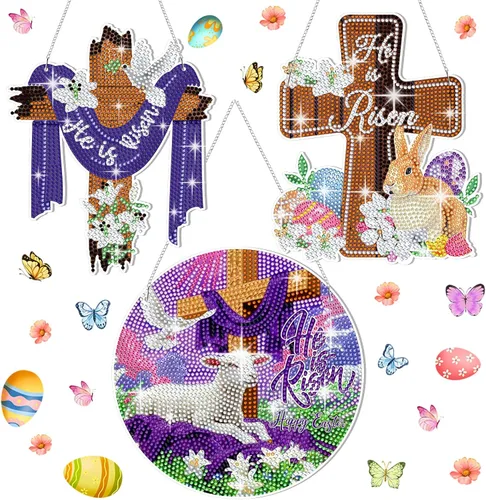 Menkxi 3 piezas de arte de diamantes de Pascua para adultos, kit de pintura de diamante con cruz de He is resucitado, 5D, bricolaje, religioso,