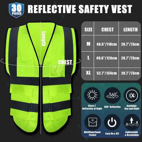 Miniatura 2 de Leumoi Paquete de 30 chalecos de seguridad reflectantes con bolsillos y cremallera de alta visibilidad para mujeres y hombres para el trabajo Verde