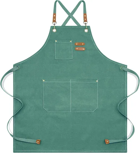 Delantal para hombres y mujeres con bolsillos, lona de algodón, espalda cruzada, resistente, ajustable, delantal de trabajo Verde
