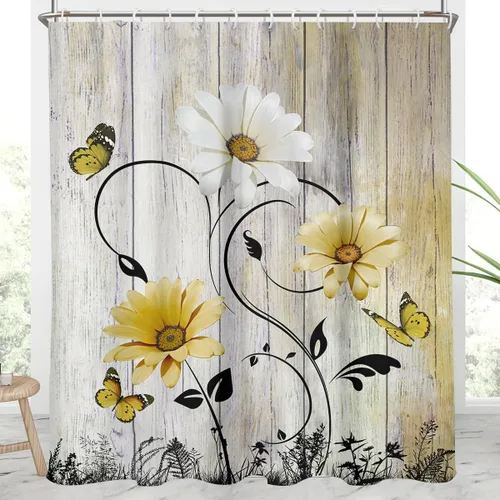 Miniatura 33 de AAtter Cortina de ducha floral azul rústica boho gris blanco amarillo margarita naturaleza negro botánico telón azul verdoso turquesa tela única
