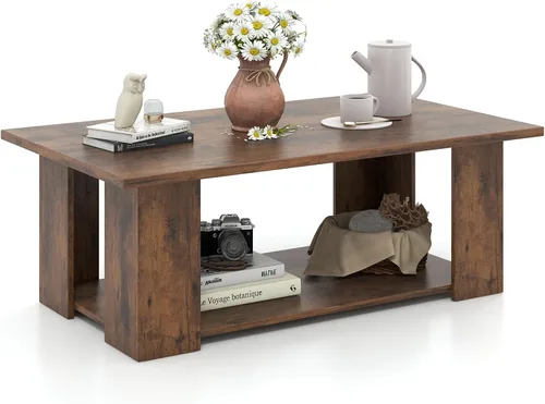 Miniatura 10 de Tangkula Mesa auxiliar de 2 niveles, moderna mesa de cóctel rectangular con 5 patas de soporte, muebles de sala de estar con acento de madera, mesa