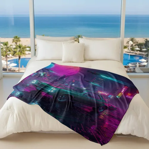 Miniatura 5 de Cyber Synthwave GTO - Manta de franela retro neón, súper suave y acogedora, manta versátil para decoración de dormitorio y sofá