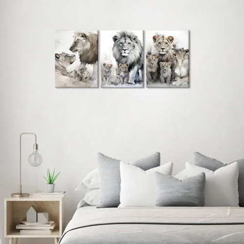 Miniatura 4 de 3 piezas modernas de lienzo de león de animales salvajes, pinturas de retratos de familia de leones, decoración de pared, obras de arte de sala