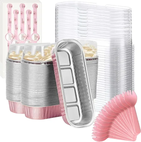 Miniatura 13 de Findful Mini Moldes para Hornear Pan con Tapas y Cucharas (Paquete de 50, 6.8oz) Moldes Rectangulares de Papel de Aluminio para Hornear Recipientes