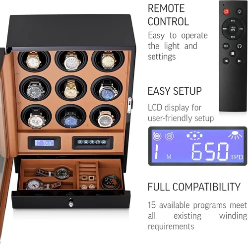 Miniatura 5 de Enrollador de 9 relojes con retroiluminación LED, control remoto, pantalla LCD y 2 compartimentos de almacenamiento para relojes, negro + marrón