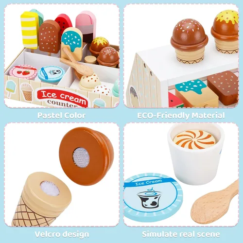 Miniatura 4 de ZJEFUNS - Juguetes de helado de madera para niños, mostrador de helados para niños pequeños, juego de simulación de alimentos, servir con cuchara