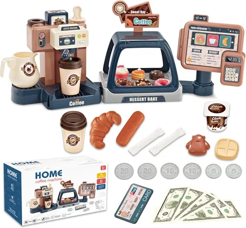 Juego de simulación, cafetera, juguete, juego de rol, cafetería, fiesta, juego con cafetera, caja registradora, juguete, comida, postre, donas,