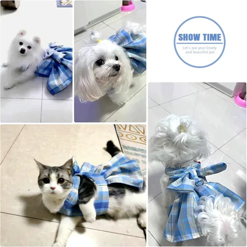 Miniatura 4 de PETCARE Vestido de Perro a Cuadros con Corbata de Moño y Arnés Correa para Perros Pequeños, Gatos, Niñas, Lindos Vestidos de Princesa para Perros