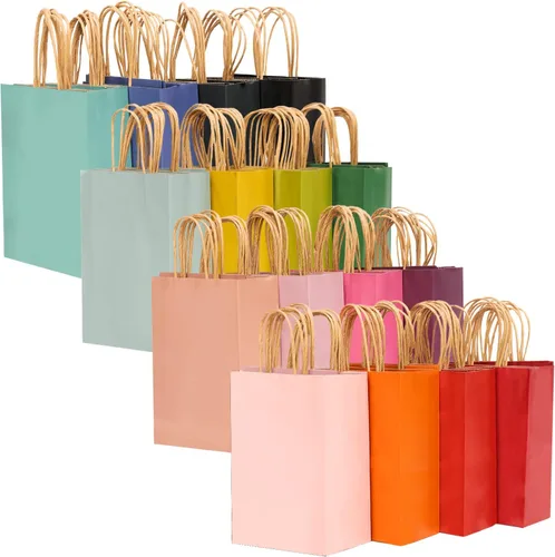 qiqee 32 Paquetes de Bolsas de Papel con Asas a Granel 7.6"x4.75"x10.5" Bolsas de Regalo Medianas 16 Diferentes Bolsas de Colores Senior Múltiples