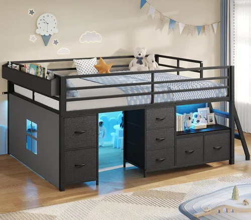 Miniatura 14 de ADORNEVE Cama baja tipo loft tamaño individual con 7 cajones de almacenamiento, estantería y luces LED, cama alta de metal para niños con barandilla