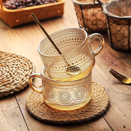 Miniatura 4 de WHJY Tazas de café de vidrio vintage con cuchara, juego de 2 tazas de café de vidrio acanalado expreso, tazas de té en relieve, tazas de té