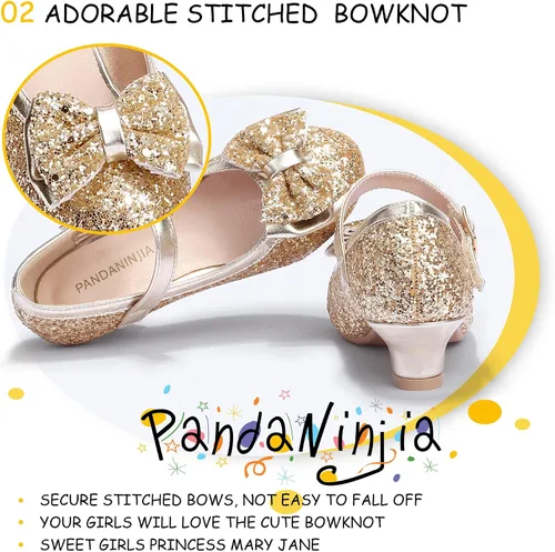 Miniatura 29 de PANDANINJIA Vestido de jada para niñas y niños pequeños, zapatos de princesa Mary Jane con tacones con lazo para fiesta, boda, boda